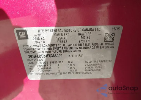 2015 Chevrolet Equinox Ltz z USA, uszkodzony, nr VIN 2GNFLDE34F6388000